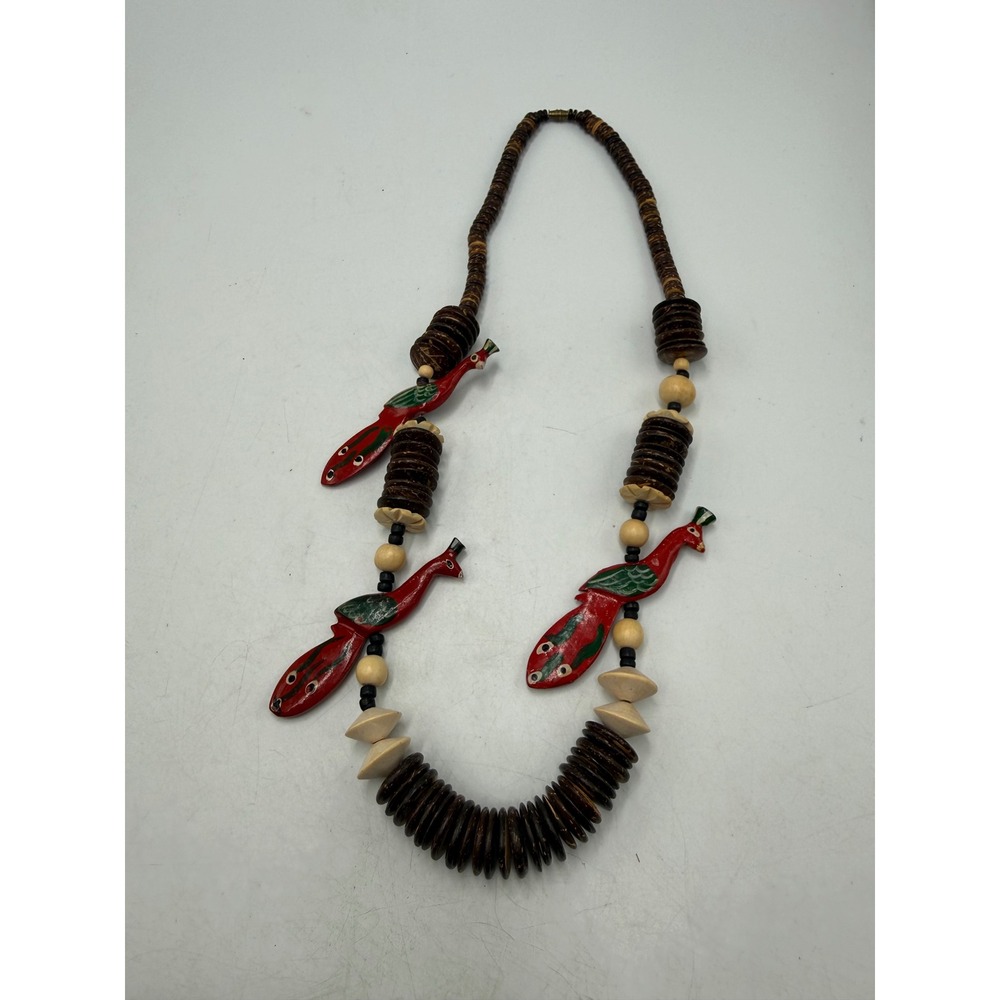 Vintage Hand Painted Wood Peacock Necklace Coconut Shell Beads Boho Tropical Red